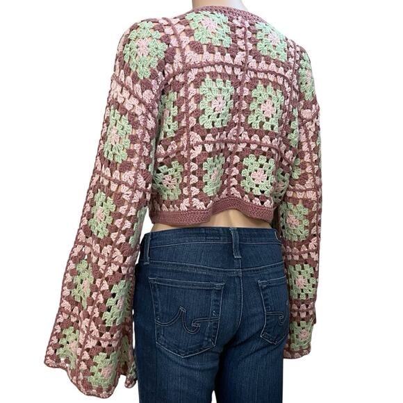 Mi Ami Granny Square Cardigan Sweater Medium Cropped Bell Sleeve Boho Hippie - Picture 2 of 7
